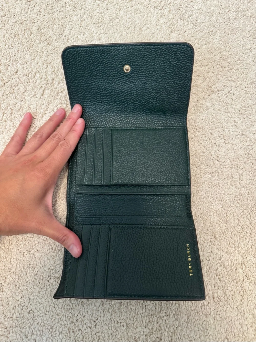 Tory Burch Dark Green Pebbled Leather Bifold Wallet